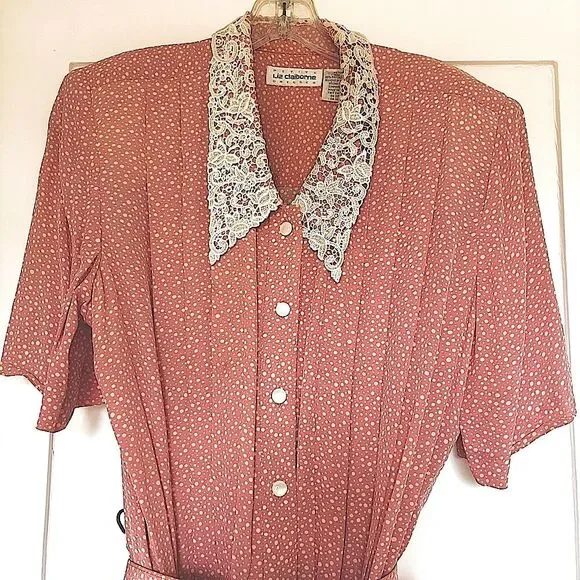 Liz Claiborne Vintage Pink Floral Dress with Lace Collar Vintage Size 12 - Picture 2 of 7